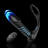 Black silicone cock ring vibrator with remote, featuring blue LED accents and thrusting capabilities.