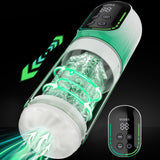 A white and green device with a digital display and clear cylinder containing blades.