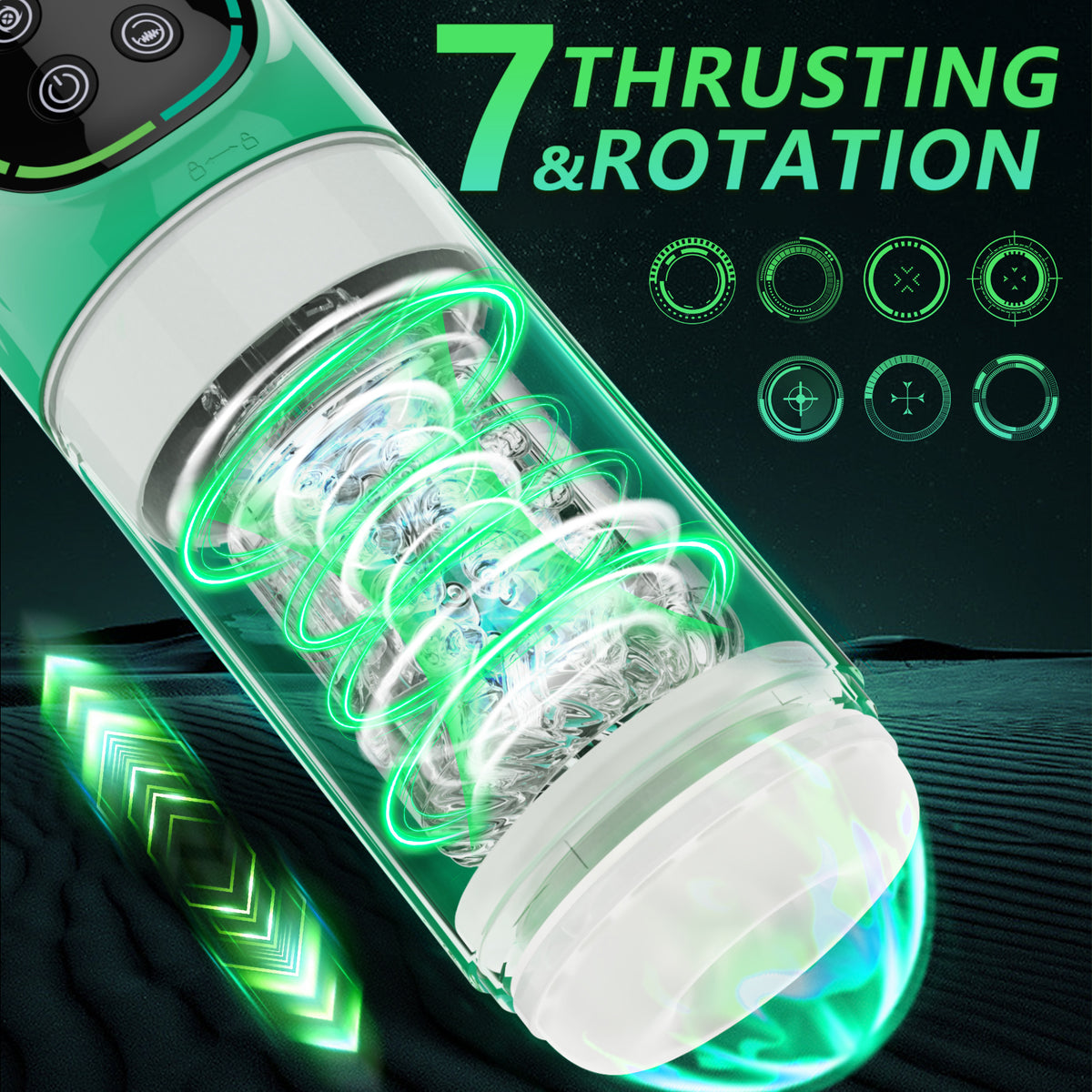 A green and clear vibrator with seven thrusting and rotation modes is displayed prominently.
