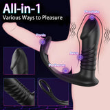 A man is using a black all-in-one sex toy with multiple parts labeled.