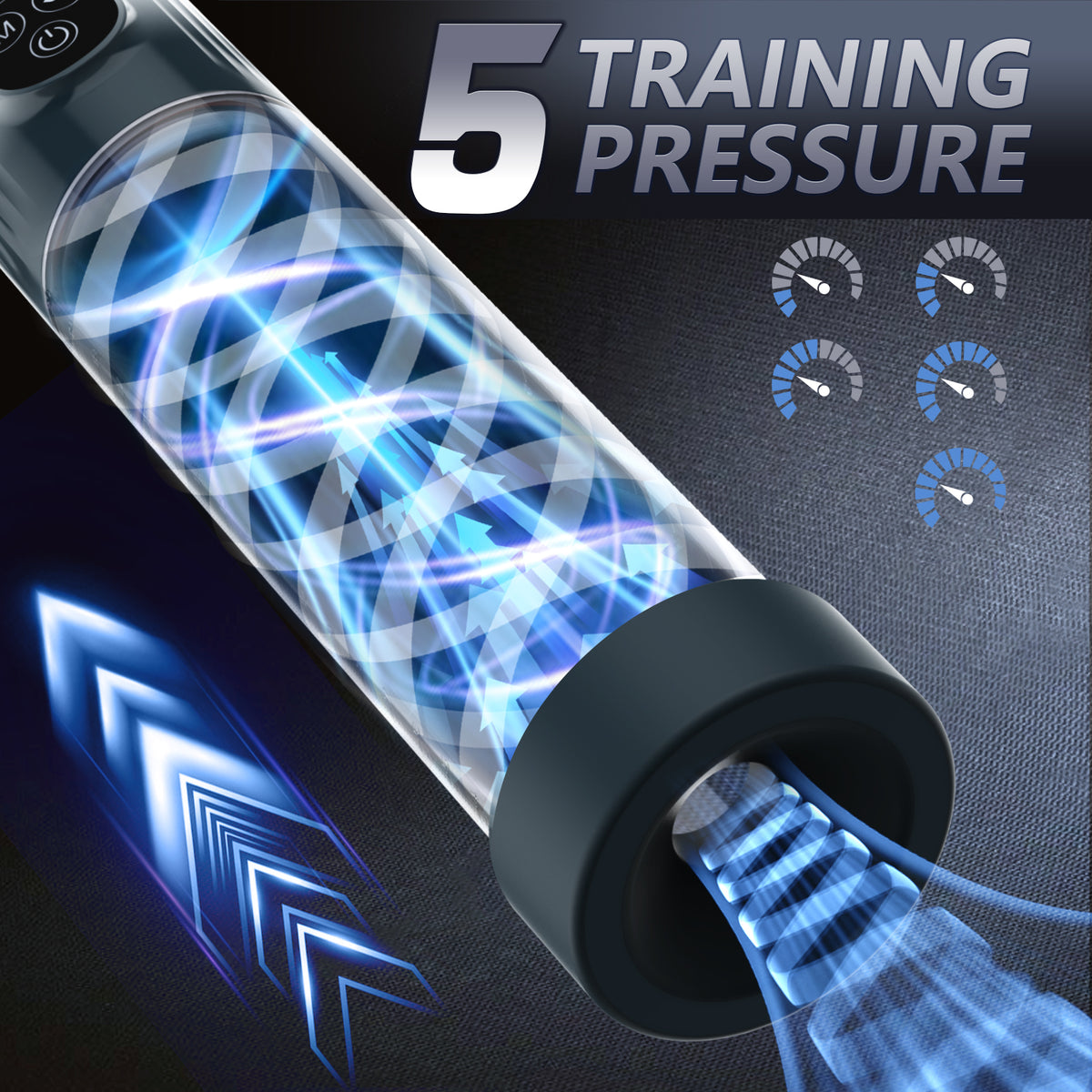 Cock Gym 6000 penis enlargement pump with 5 training pressure levels and suction indicators.
