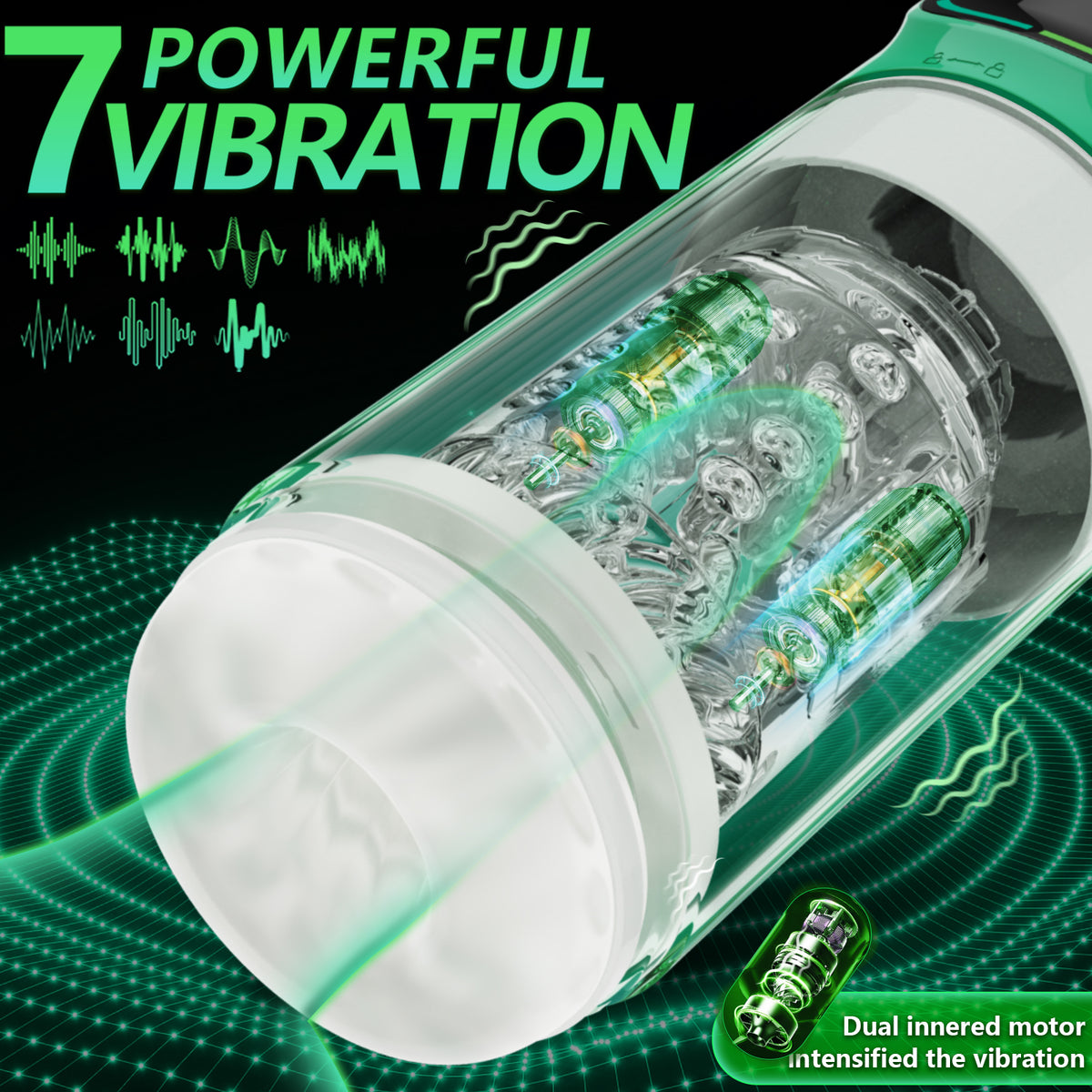 A white vibrator with clear section showing dual inner motors against a black background.