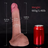 A dildo and a red can are shown with dimensions against a black background.