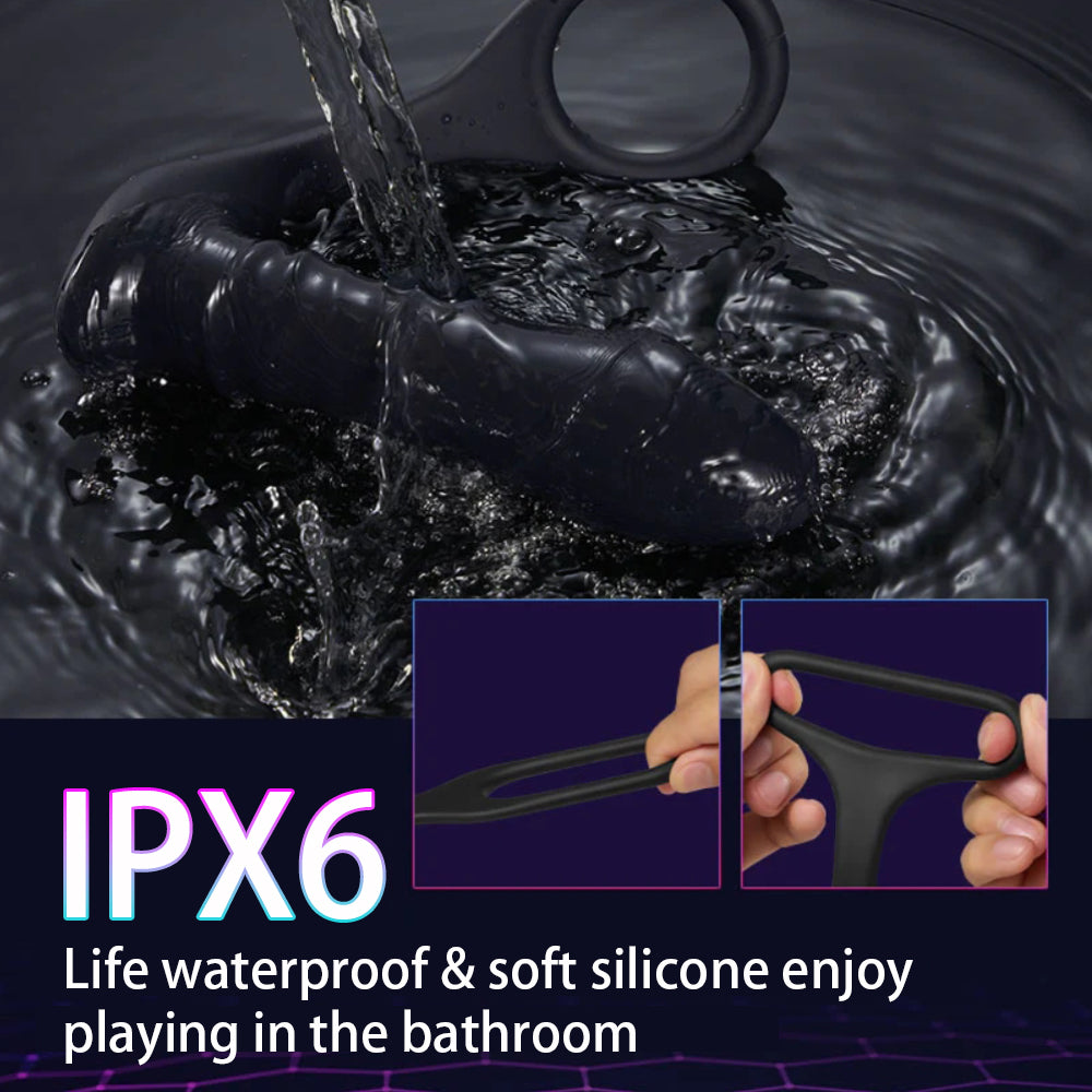 Black silicone cock ring vibrator with IPX6 waterproof rating, suitable for bathroom use.