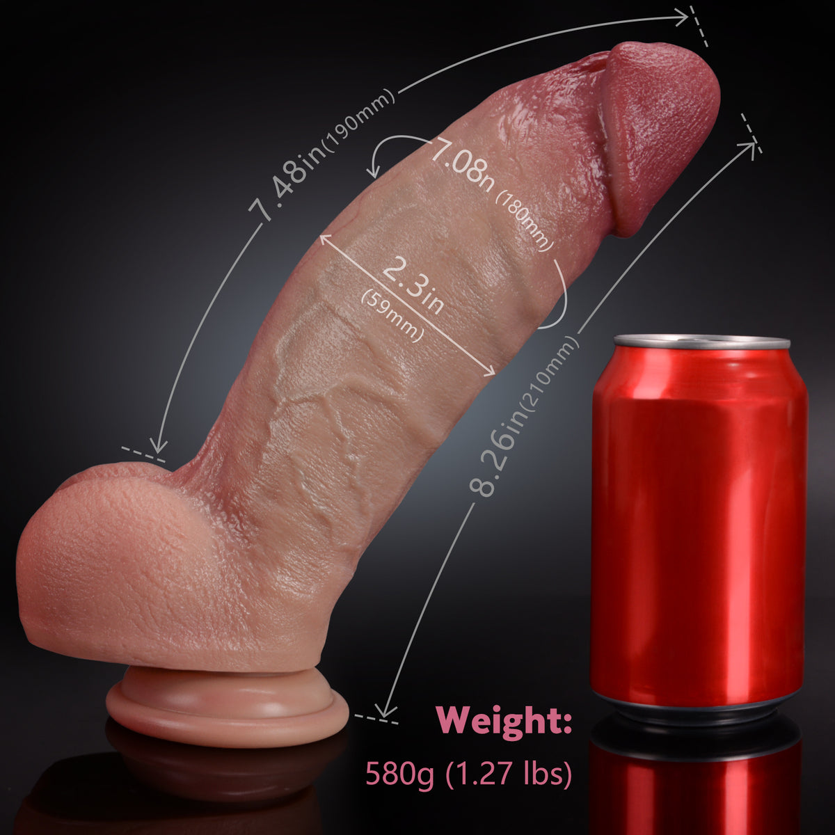 A flesh-colored dildo next to a red soda can with measurement details.