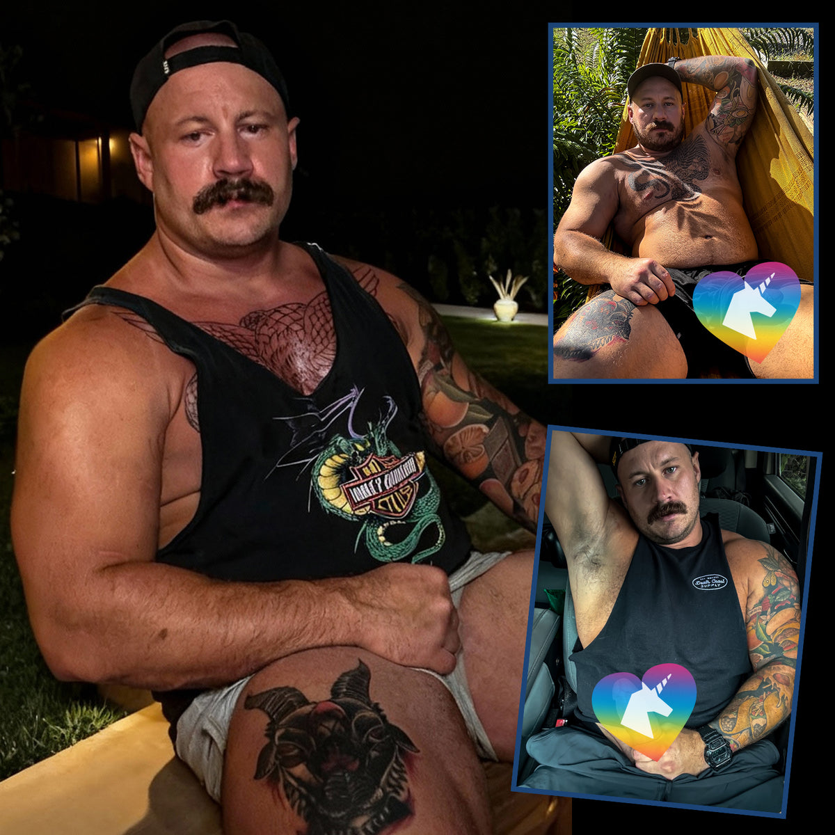 Tattooed muscular man in tank top poses with Big Dick Buddy replica dildo.