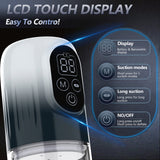 Penis enlargement pump with LCD touch display, 5 suction modes, long suction, and ON/OFF control. IPX7 waterproof.