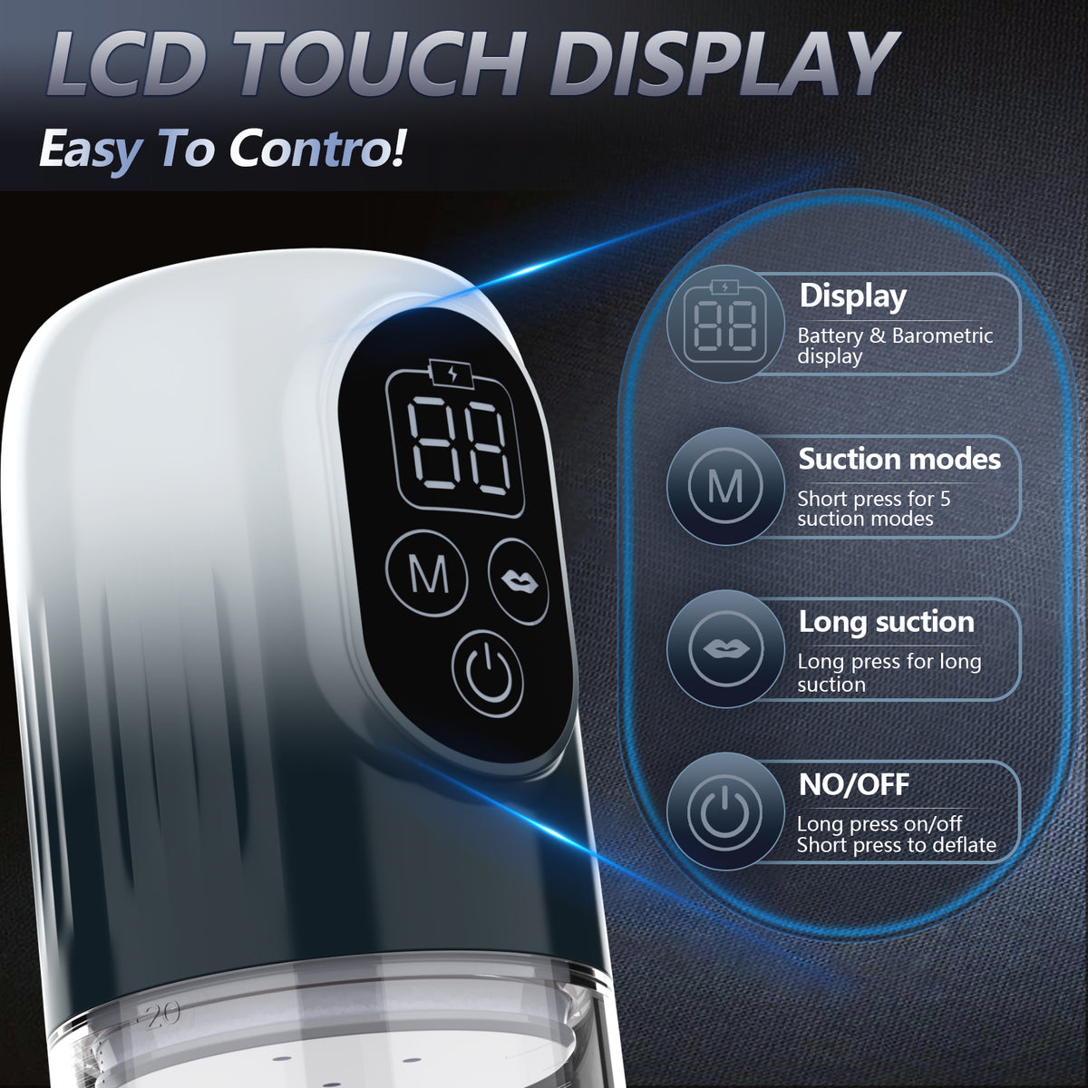 Penis enlargement pump with LCD touch display, 5 suction modes, long suction, and ON/OFF control. IPX7 waterproof.