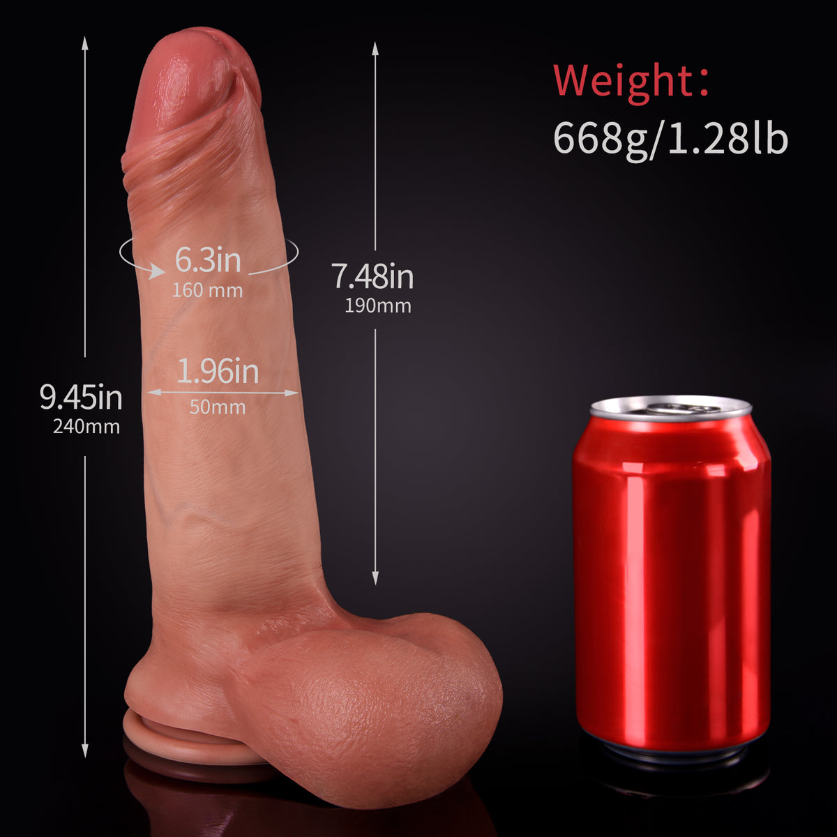 A dildo with dimensions marked beside a red soda can on a black surface.