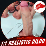 A hand holds a realistic dildo with others in the background.