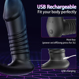 Black silicone vibrator with USB charging port and host key on dark blue background.