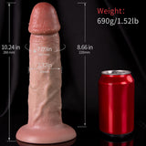 A large flesh-colored dildo is displayed next to a red soda can.