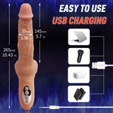A hand held vibrator with measurements and charging options nearby on a blue background.