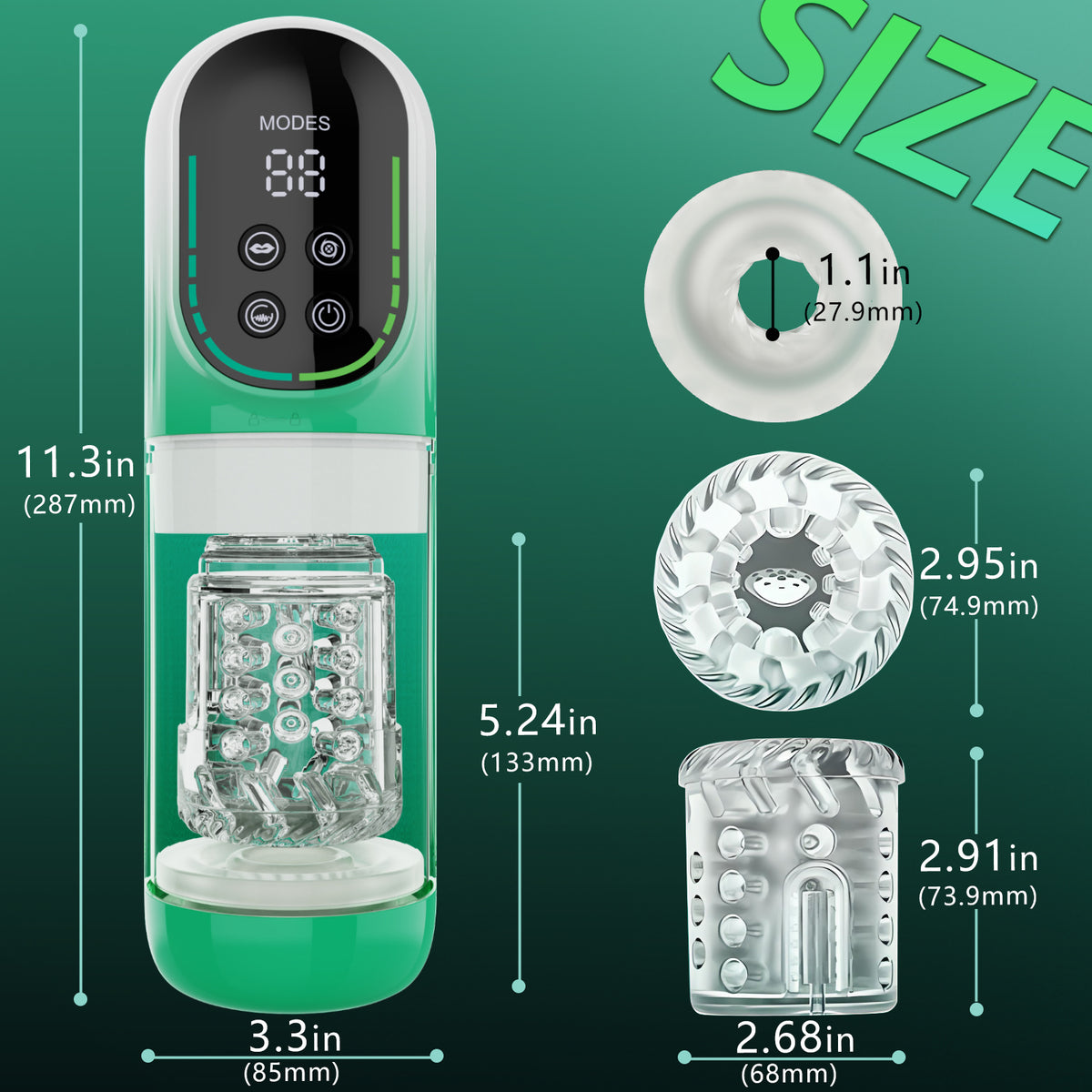 A green device with a digital display and clear parts is shown with size measurements.