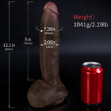 A brown dildo is displayed next to a red can for size comparison.
