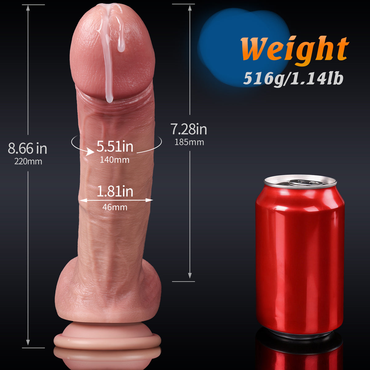 Realistic flesh-colored dildo with measurements and red soda can for scale.