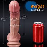Realistic flesh-colored dildo with measurements and red soda can for scale.
