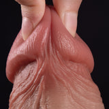 A hand holds a scrotum on a black background with fingers.