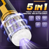 Yellow/black Bumblebee masturbator: 5 functions - thrust, rotate, lick, vibrate, one-button burst. IPX6 waterproof.