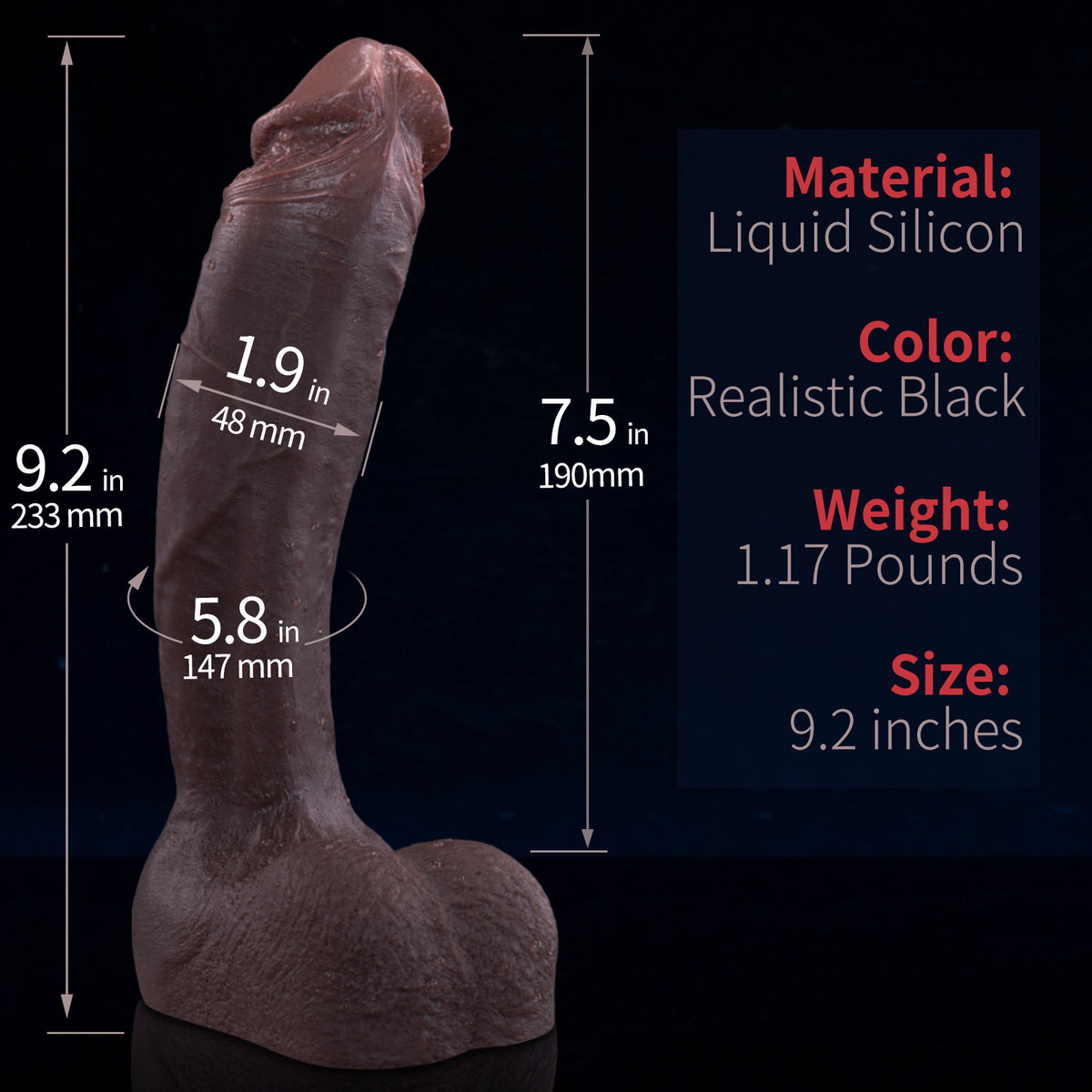A realistic black silicone dildo with measurements and product details displayed beside it.