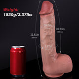 A dildo with various measurements is displayed next to a red soda can.