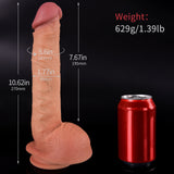 A dildo with measurements and a can next to it on a black surface.