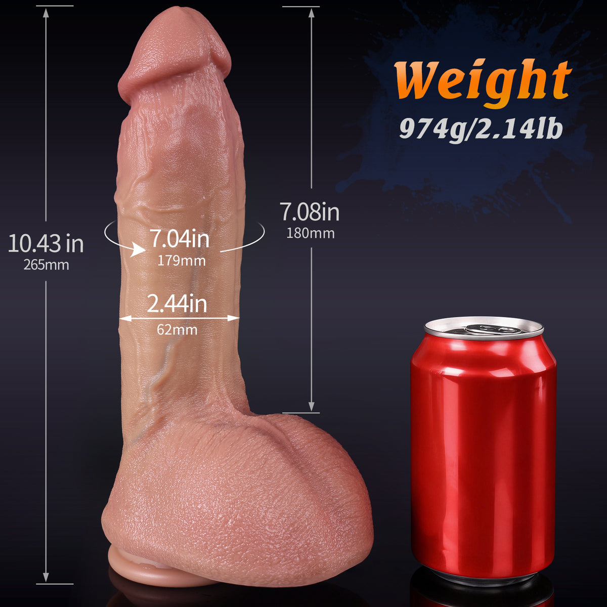 HIMBOHYENA replica dildo with dimensions compared to red soda can beside it.