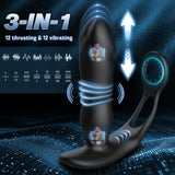 3-IN-1 anal vibrator with 12 thrusting & 12 vibrating modes, realistic silicone, internal mechanisms shown.
