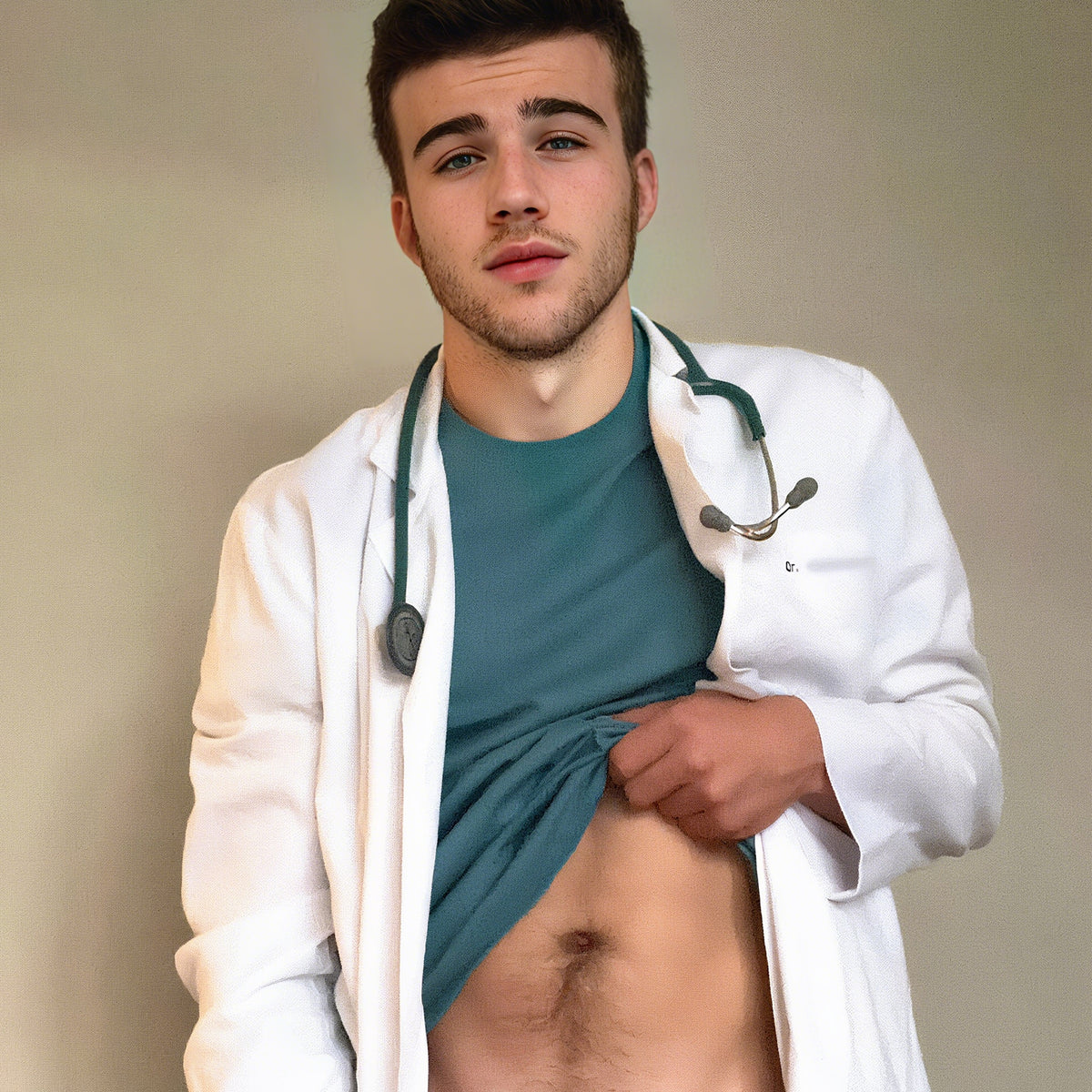 A young doctor wearing a white coat and stethoscope pulls up his shirt.