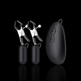 QUTOYS vibrating nipple clamps with 10 modes, black weights, and remote control.