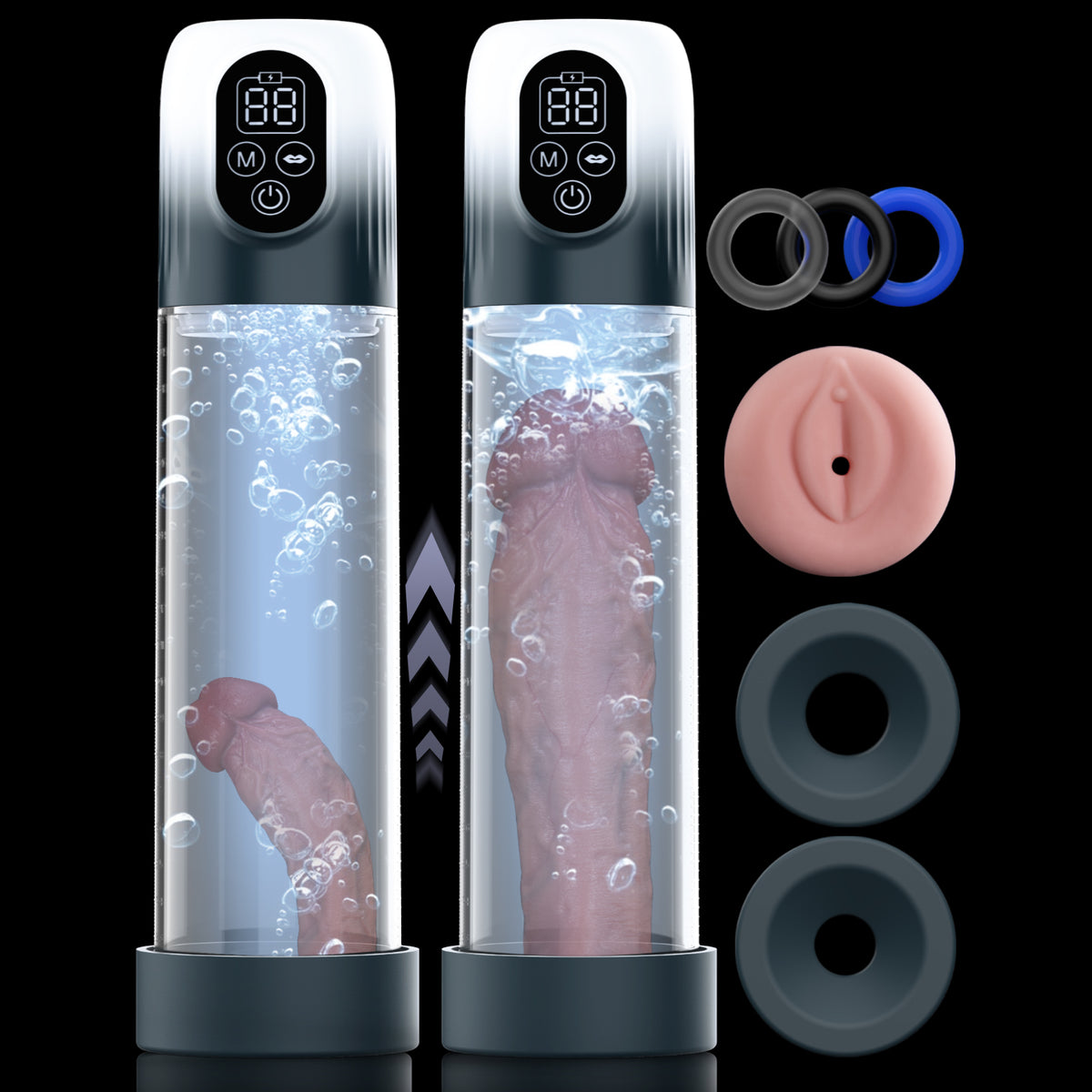 Cock Gym 6000-6IN1 penis enlargement pump with digital display, showing penis inside, with accessories: rings, sleeve.