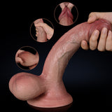 A hand holds a large, flesh-colored dildo with three inset images nearby.