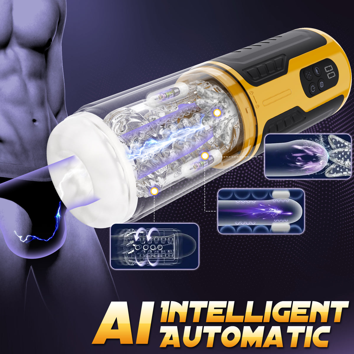 Yellow and black Bumblebee-Masturbator: 7 rotating/thrusting, 7 vibrator modes, one-button burst. AI Intelligent Automatic.