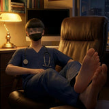 Anime doctor in scrubs lounging barefoot on leather chair at desk.