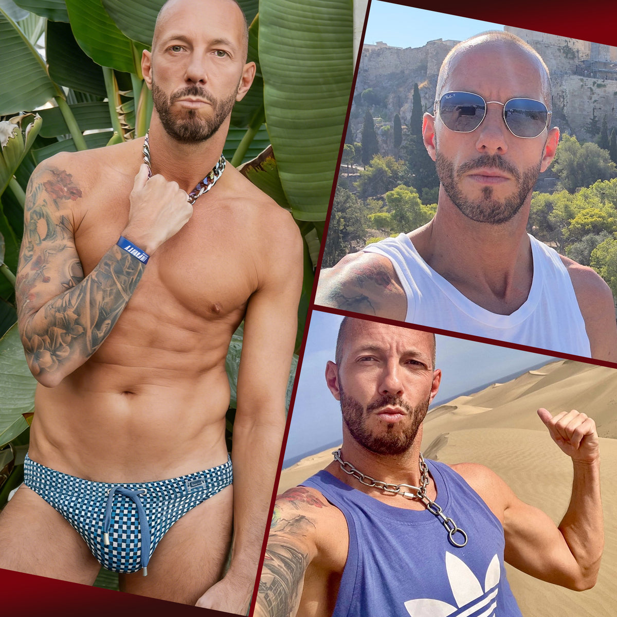 CedricDreamer22 replica dildo model posing shirtless in speedo with tattoos and necklace.