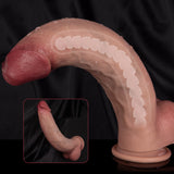 A realistic dildo is displayed against a black background with a smaller inset image.