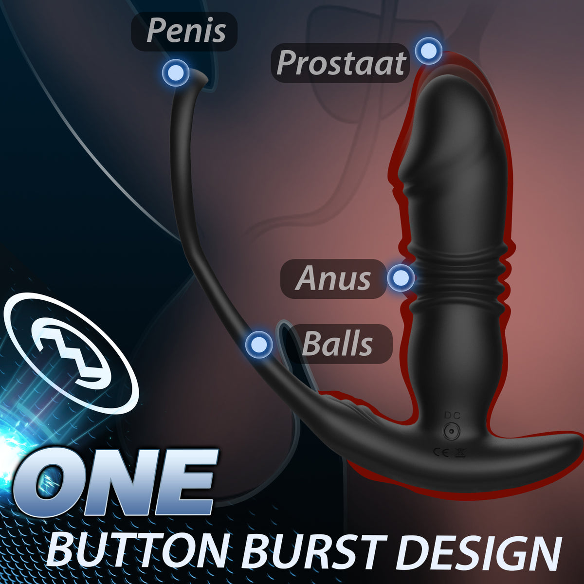 Black silicone anal vibrator with 'ONE BUTTON BURST DESIGN' text highlighting prostate, anus, penis, and balls.