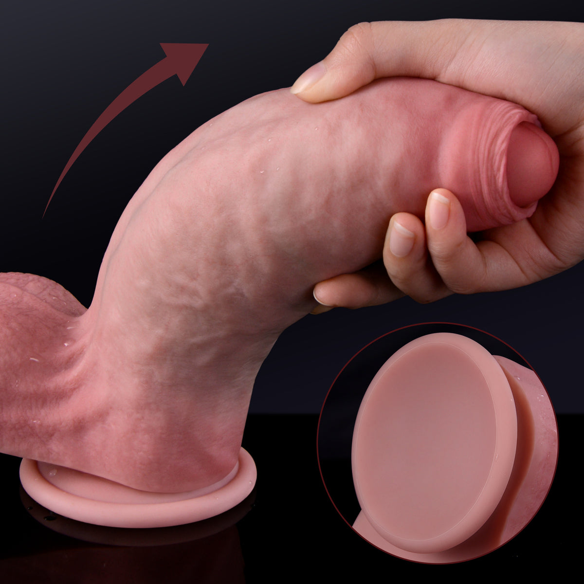 Hand holding realistic pink turtleneck uncut dildo with suction cup base, curved design shown.
