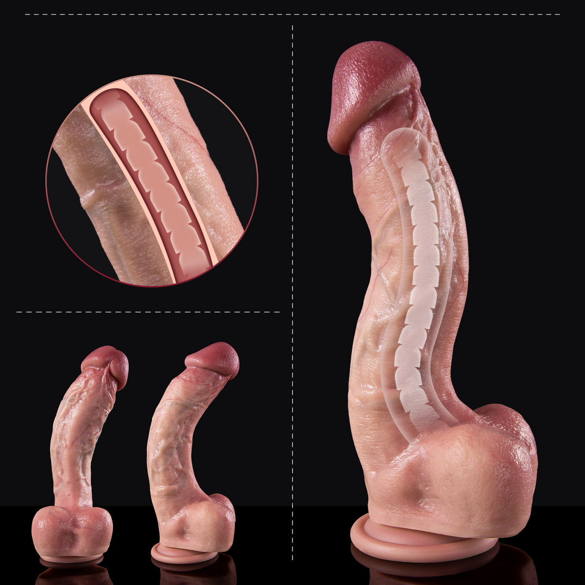 A dildo with ridges is shown in three different views.