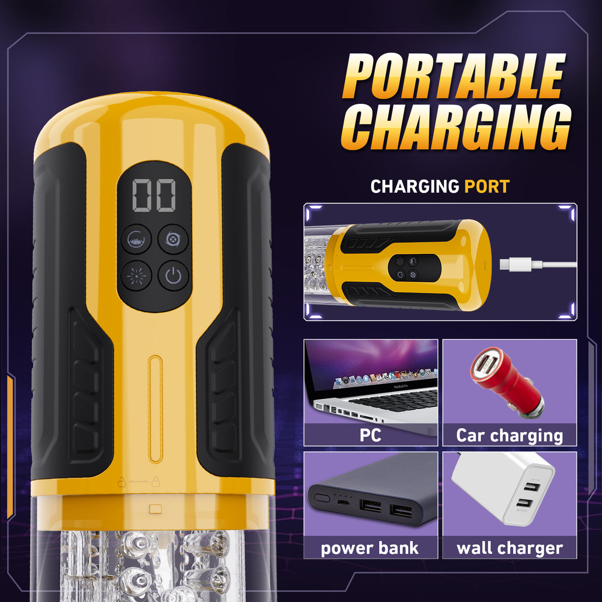 Yellow/black portable charger with digital display, compatible with PC, car, power bank, and wall charger.