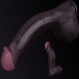 Two realistic dildos, one large and one small, are displayed against a black background.