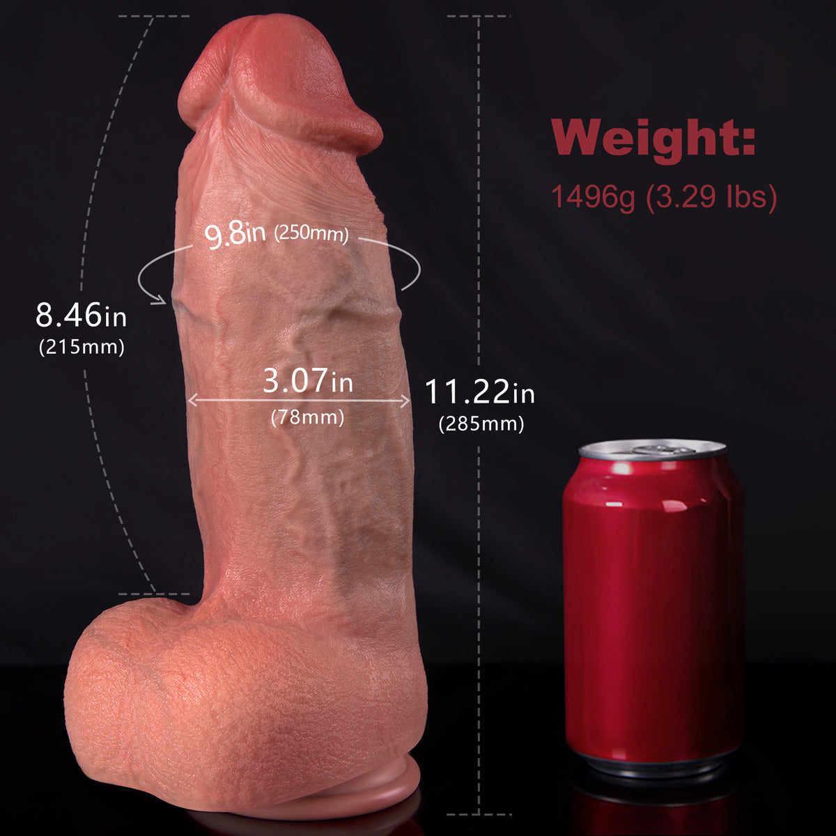 A dildo and a can of soda are displayed with measurement indicators.
