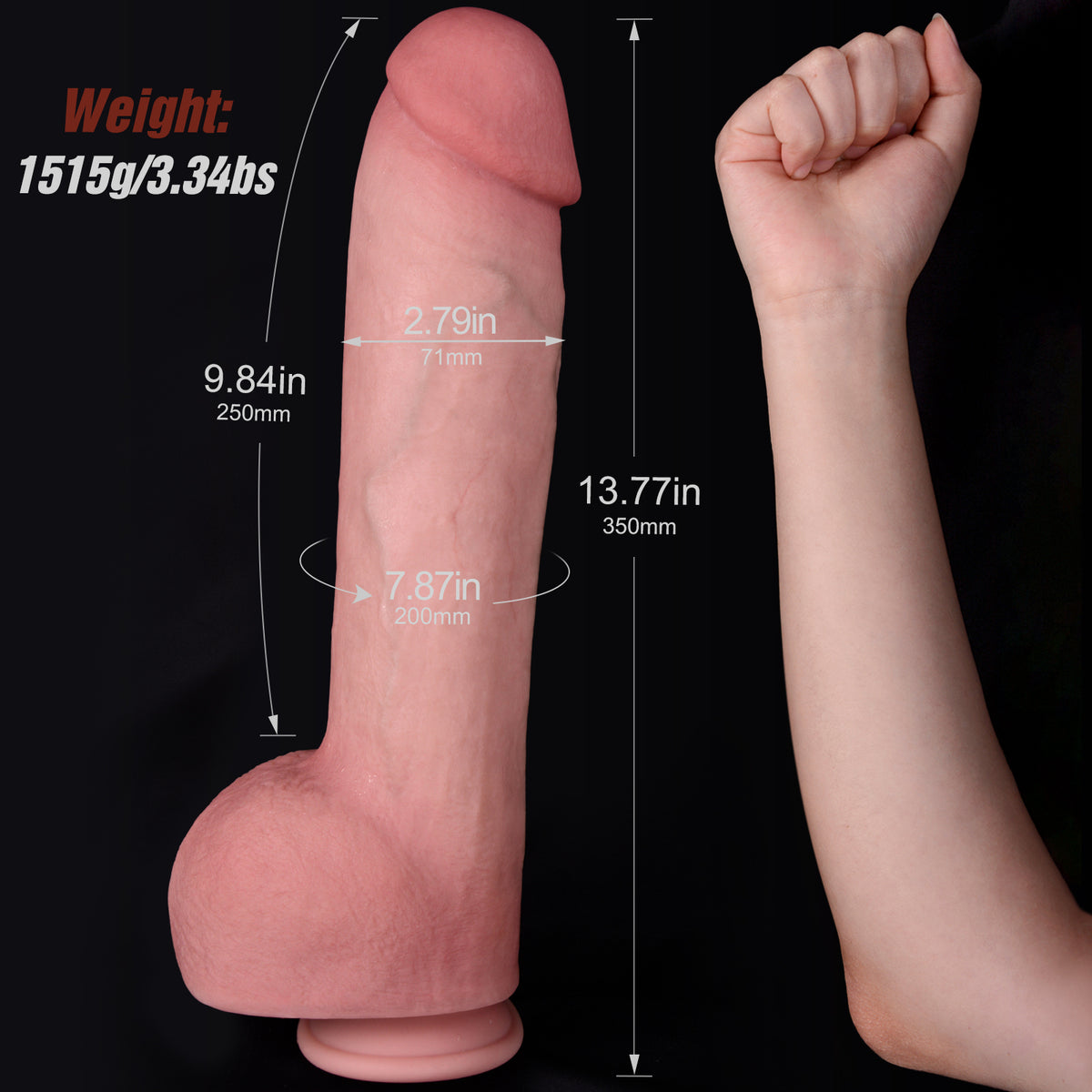 A dildo is shown next to a human arm for scale comparison.