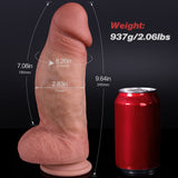 A dildo with measurements and a red can for size comparison.