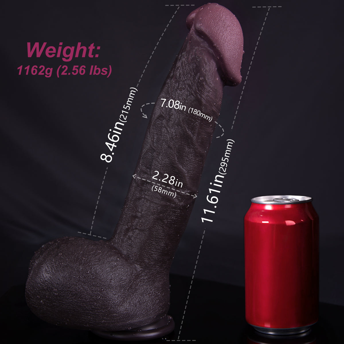 Black Mamba dildo, 11.61" L x 2.28" W, 2.56 lbs. Realistic glans, soda can for scale. Double layer liquid silicone.