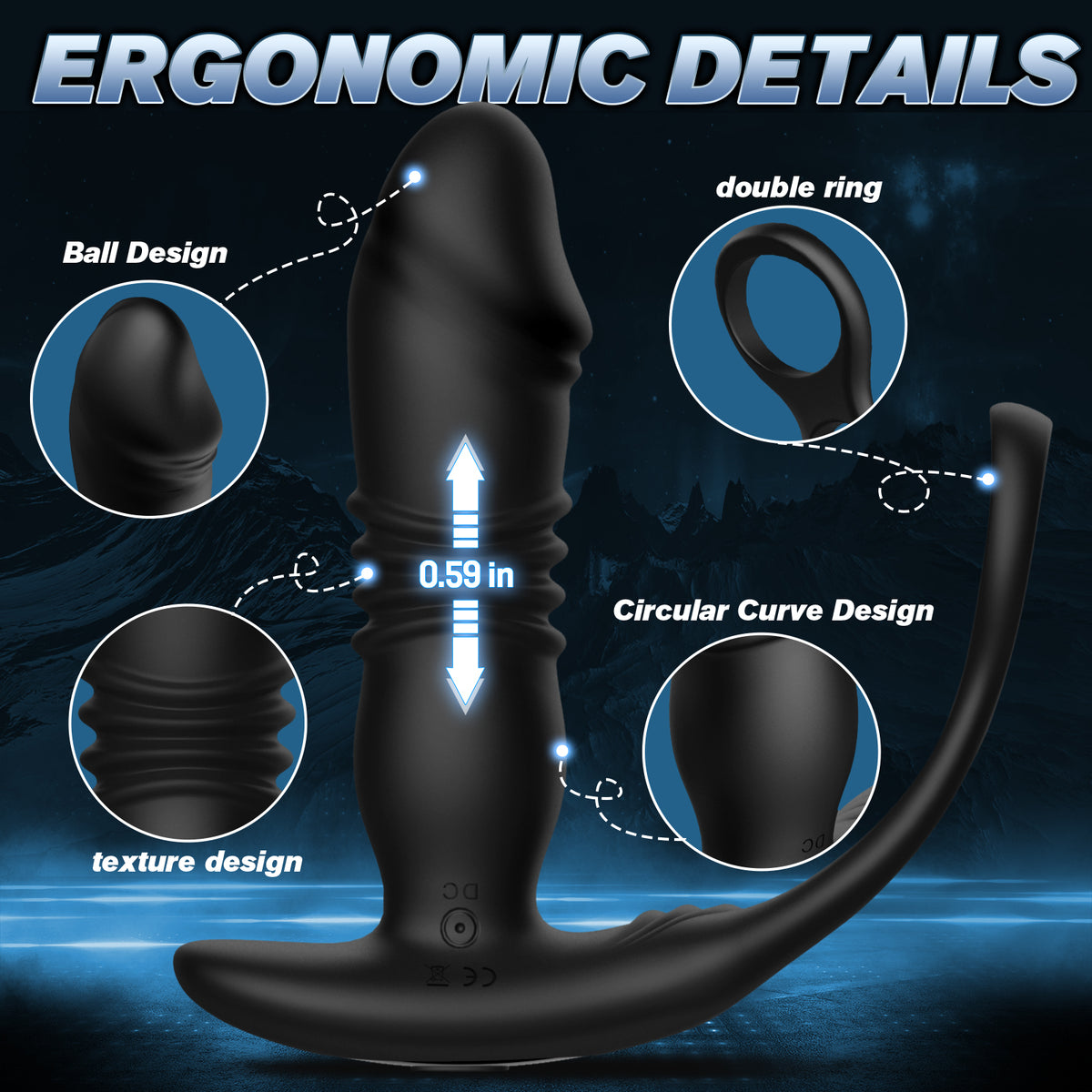 Black silicone anal vibrator with ergonomic details: ball design, texture, 0.59in measurement, double ring, circular curve.