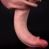 A hand is holding a realistic dildo in front of a black background.