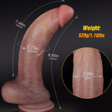 Realistic replica dildo with dimensions: 7.4in length, 5.7in girth, 529g weight.