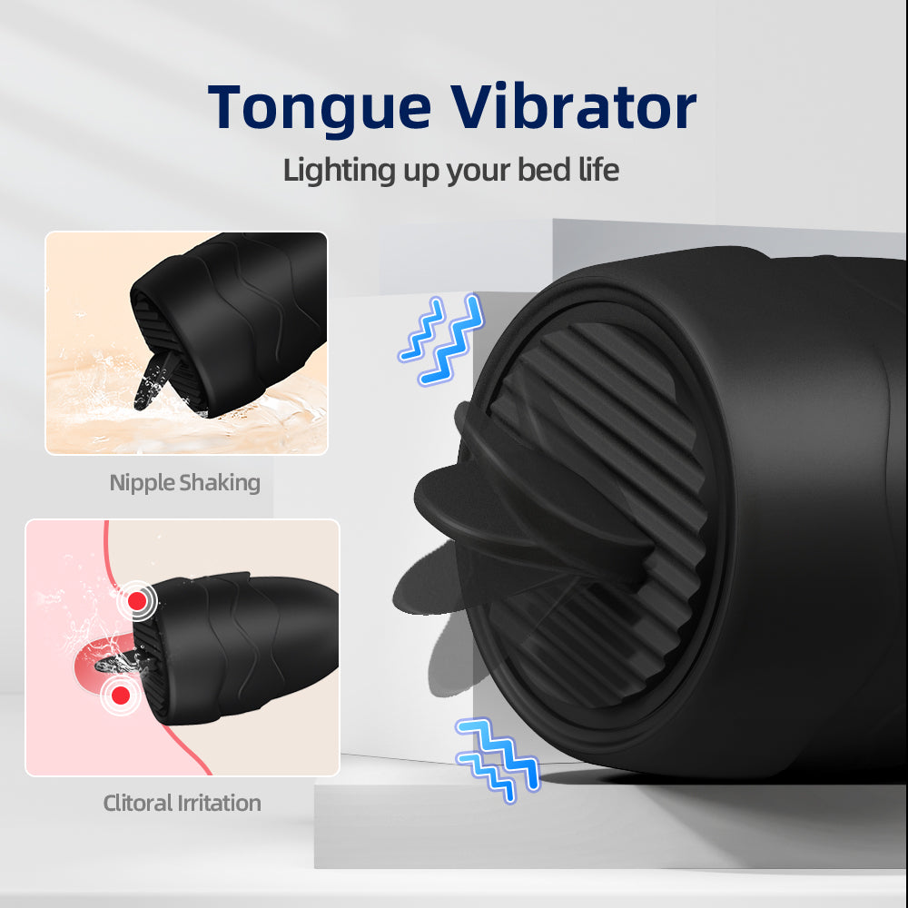Black tongue vibrator with ridges and two smaller images showing its use.