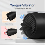 Black tongue vibrator with ridges and two smaller images showing its use.